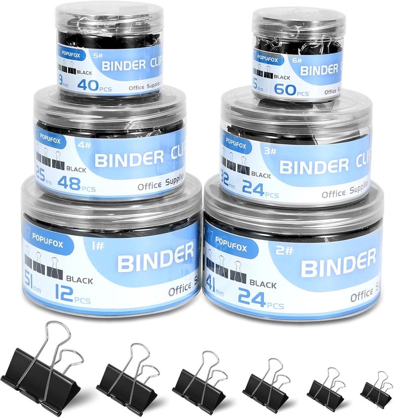 OPOFOX Binder Clips Assorted Sizes Including Extra Large Medium Small Mini and Micro, Office Supplies File Clamps Paper Clips, 6 Sizes in 6 Boxes, 208 PCS Metal Black Clamps for School - Image 1